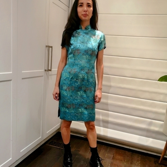 90S Y2K Chinoiserie Suzy Wong Cheongsam Lt Blue fitted short dress - Picture 1 of 7